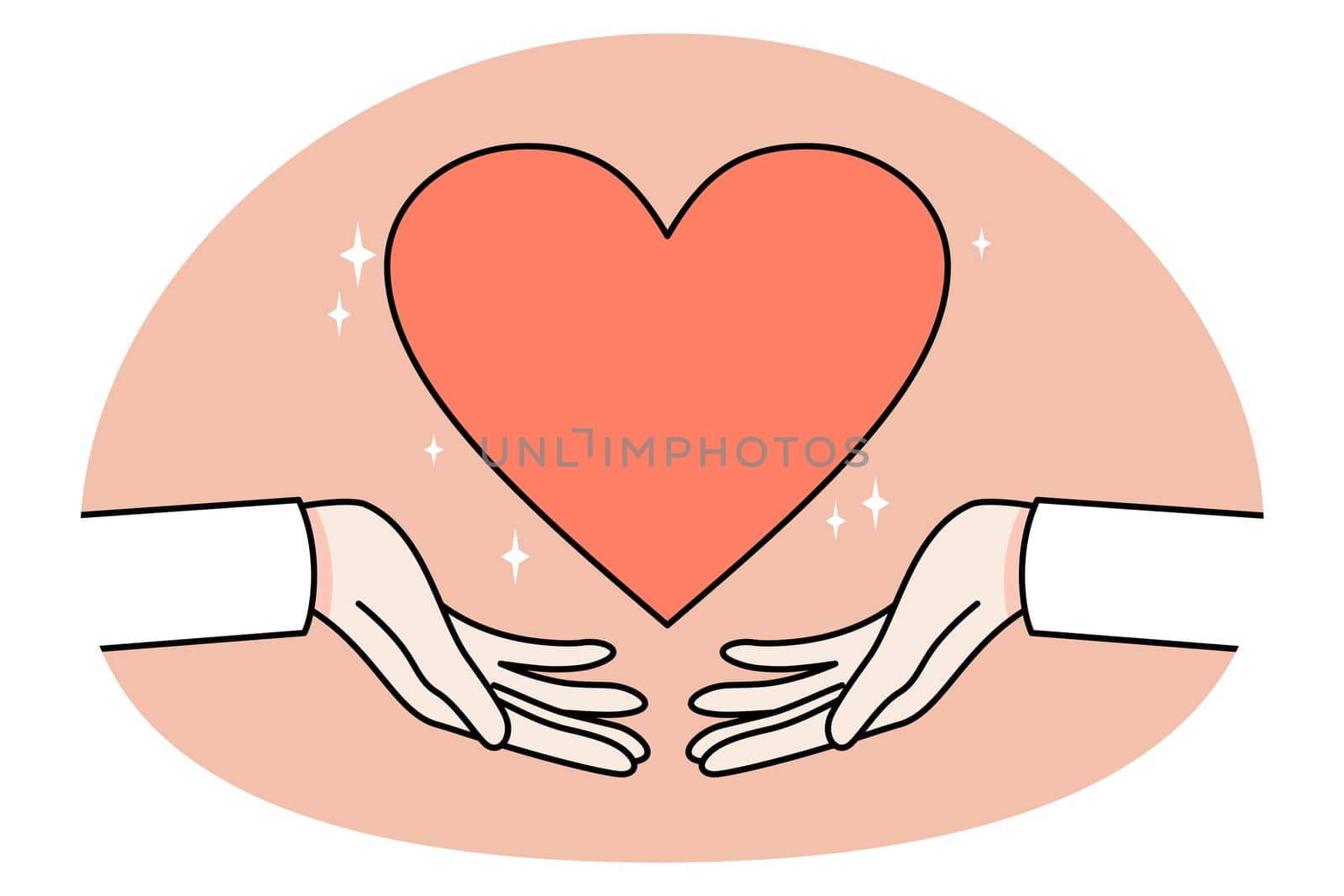 Closeup of hands holding heart symbol support healthcare or medicine. Concept of world heart day celebration. Health care and medical help. Flat vector illustration.