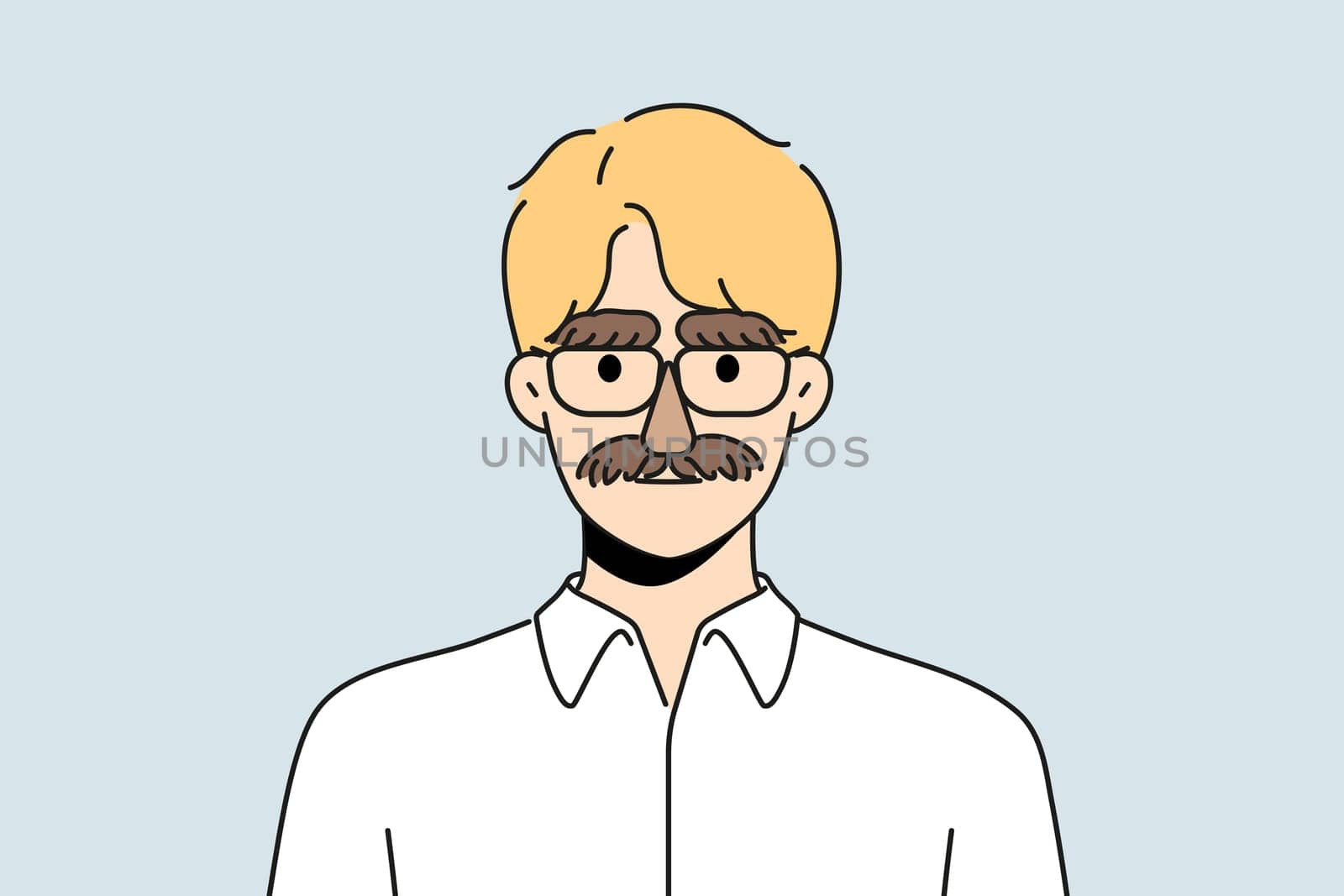Businessman with thick moustache and eyebrows disguise look at camera. Serious man employee wearing mask of mustache and brows. Vector illustration.