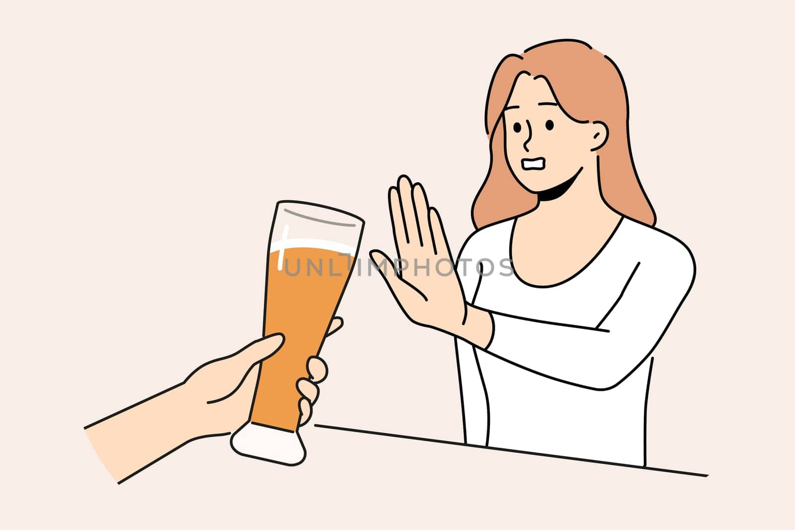 Woman refuse from extra glass of beer at bar. Decisive girl say no to alcoholic drink and excessive alcohol consumption. Addiction problem. Vector illustration.