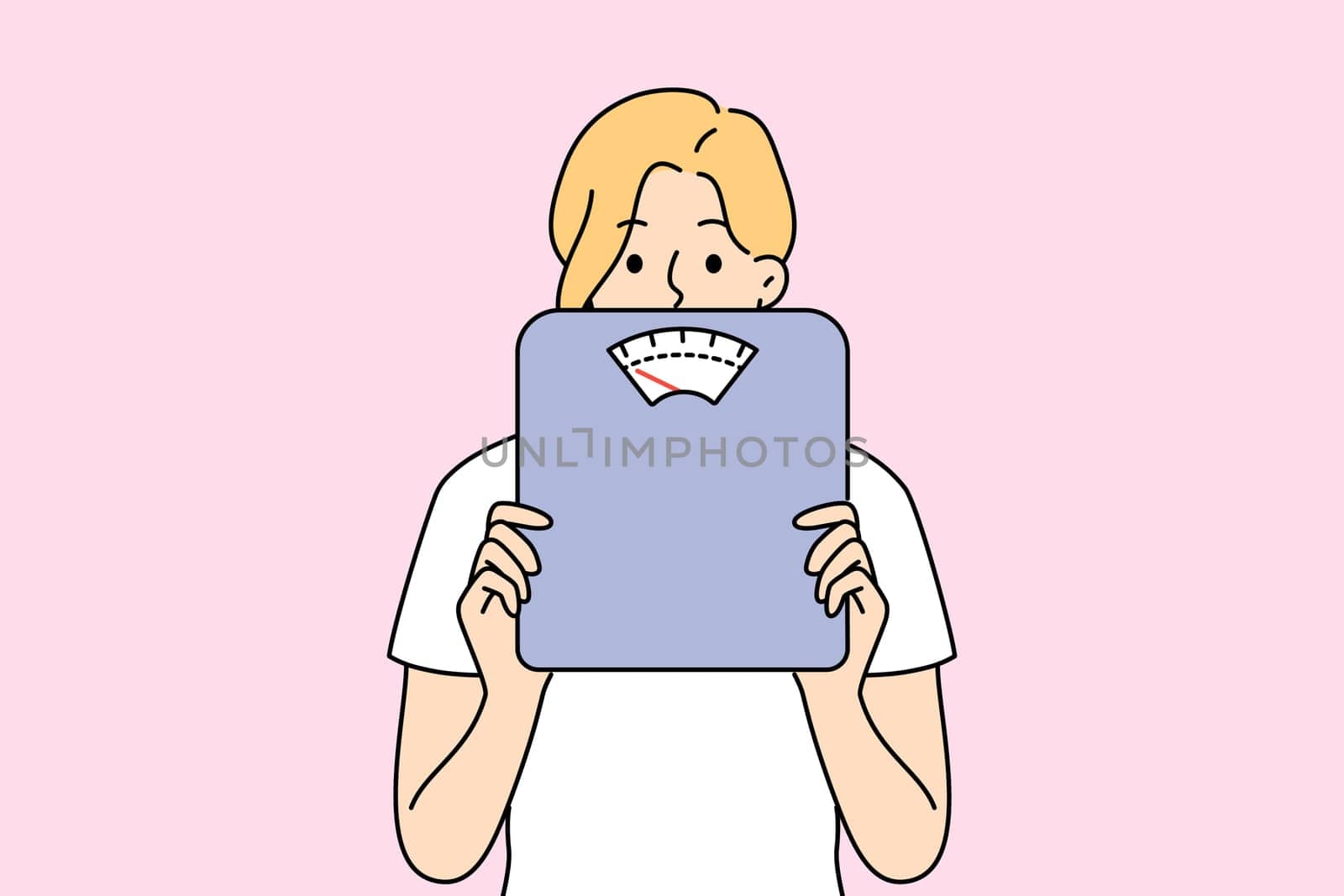 Woman holding scales in hands worried about body weight and figure. Female with weighing scales anxious about diet and weightloss. Vector illustration.