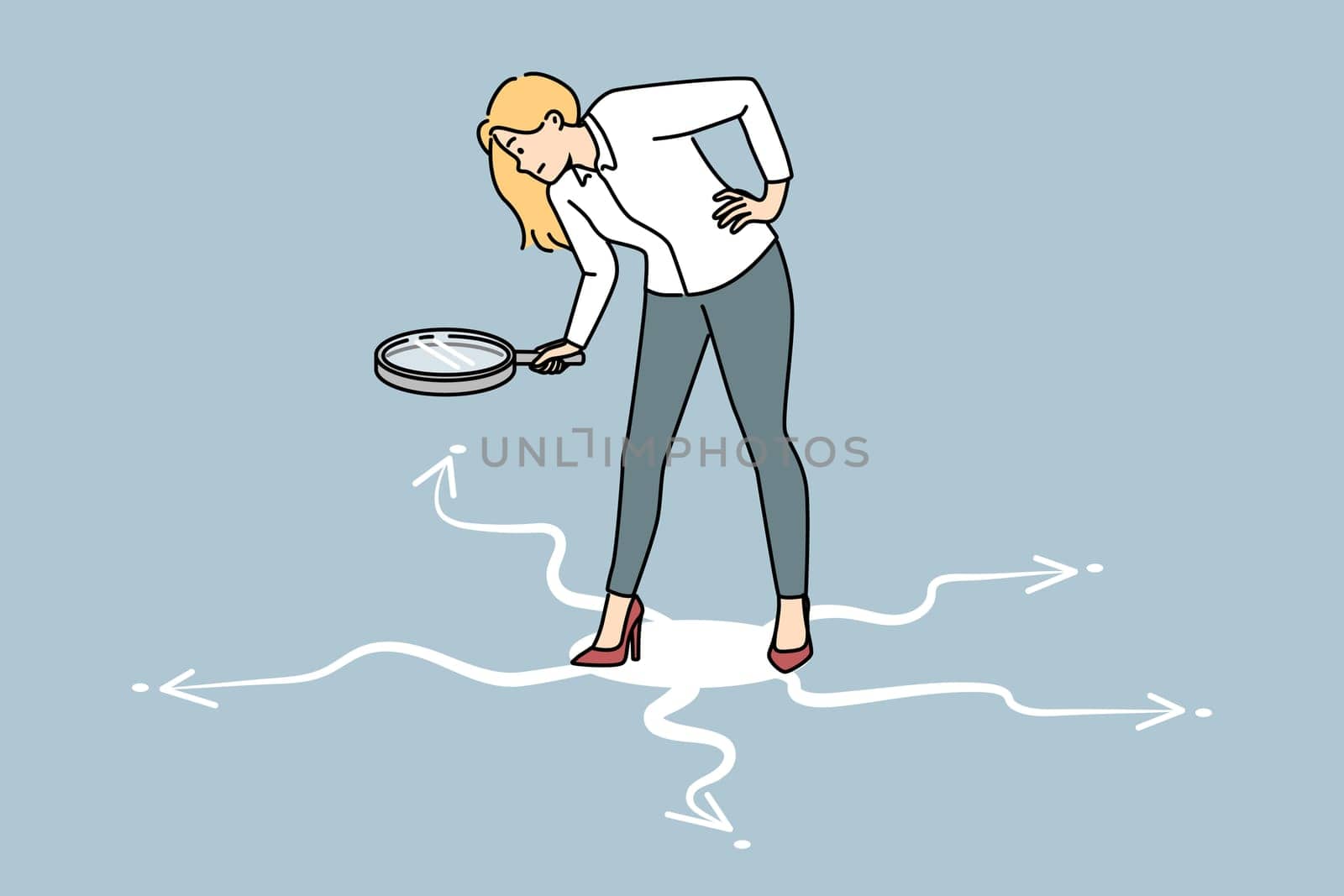 Businesswoman with magnifying glass looking at roads directions. Female employee with magnifier search find correct way. Vector illustration.