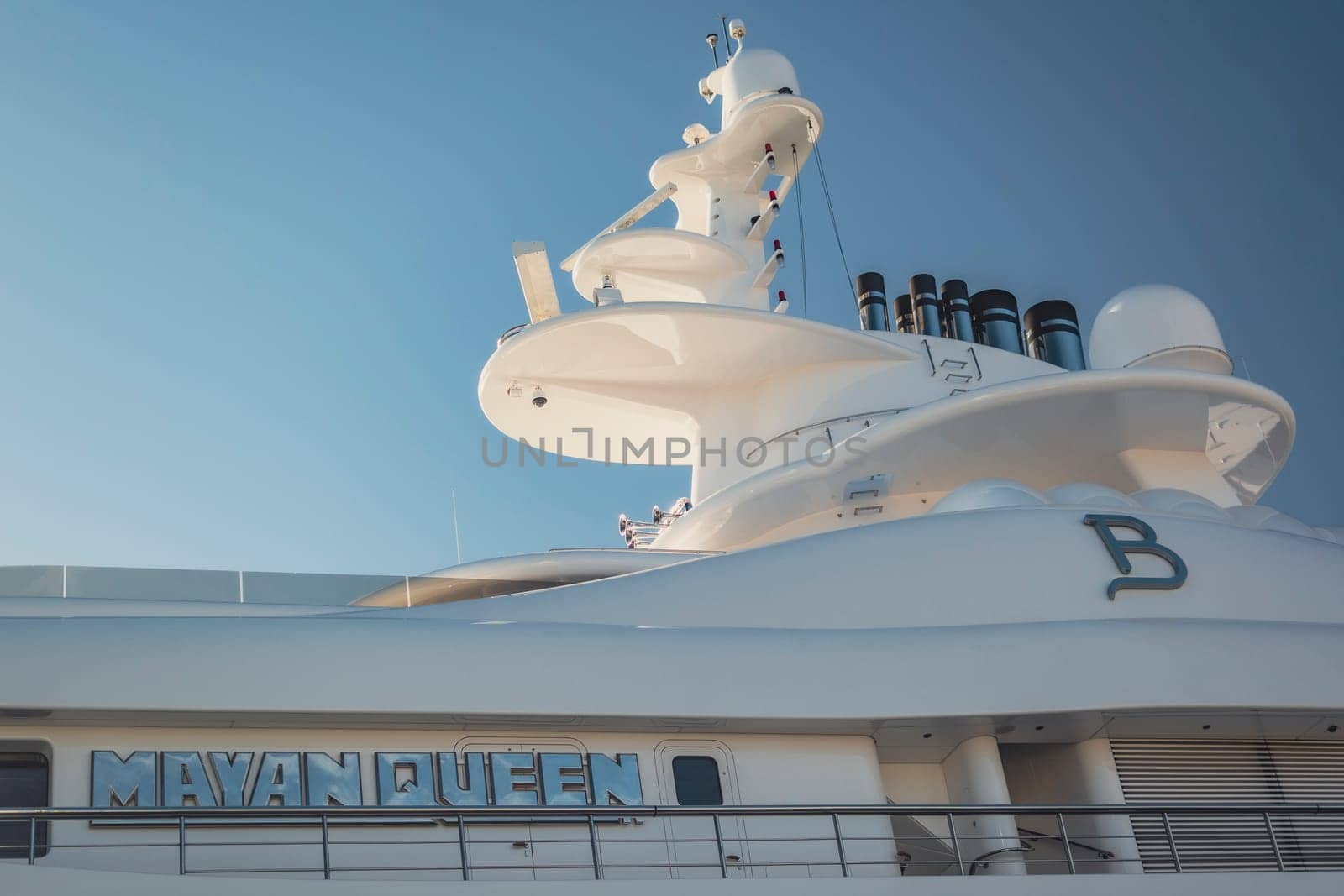 Malaga, Spain, April 2023: Closeup shot of the Mayan Queen super Yacht built by Blohm and Voss