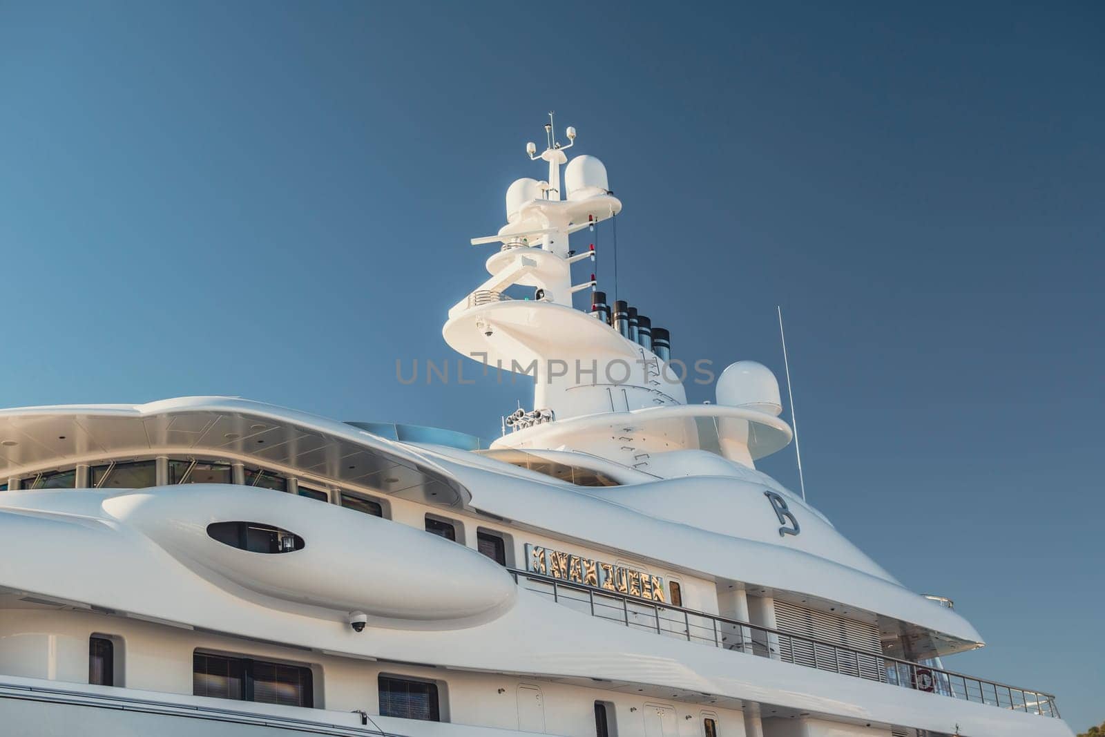 Malaga, Spain, April 2023: Closeup shot of the Mayan Queen super Yacht built by Blohm and Voss