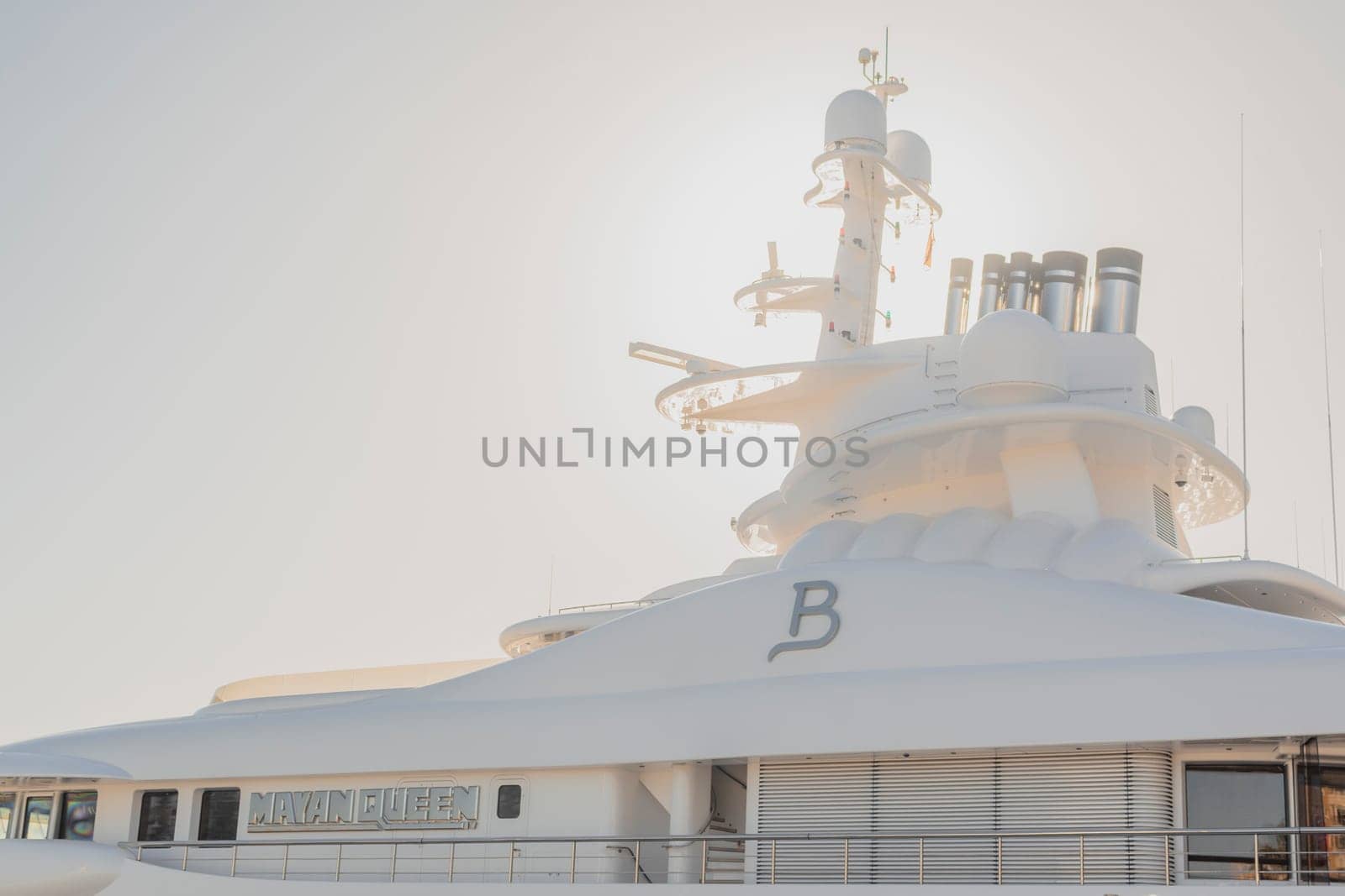Malaga, Spain, April 2023: Closeup shot of the Mayan Queen super Yacht built by Blohm and Voss