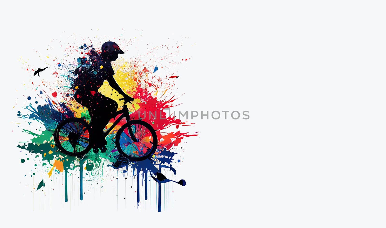 Bicyclist with colorful splashes, sportsman riding a bicycle, fitness and sport concept, watercolors, generative AI