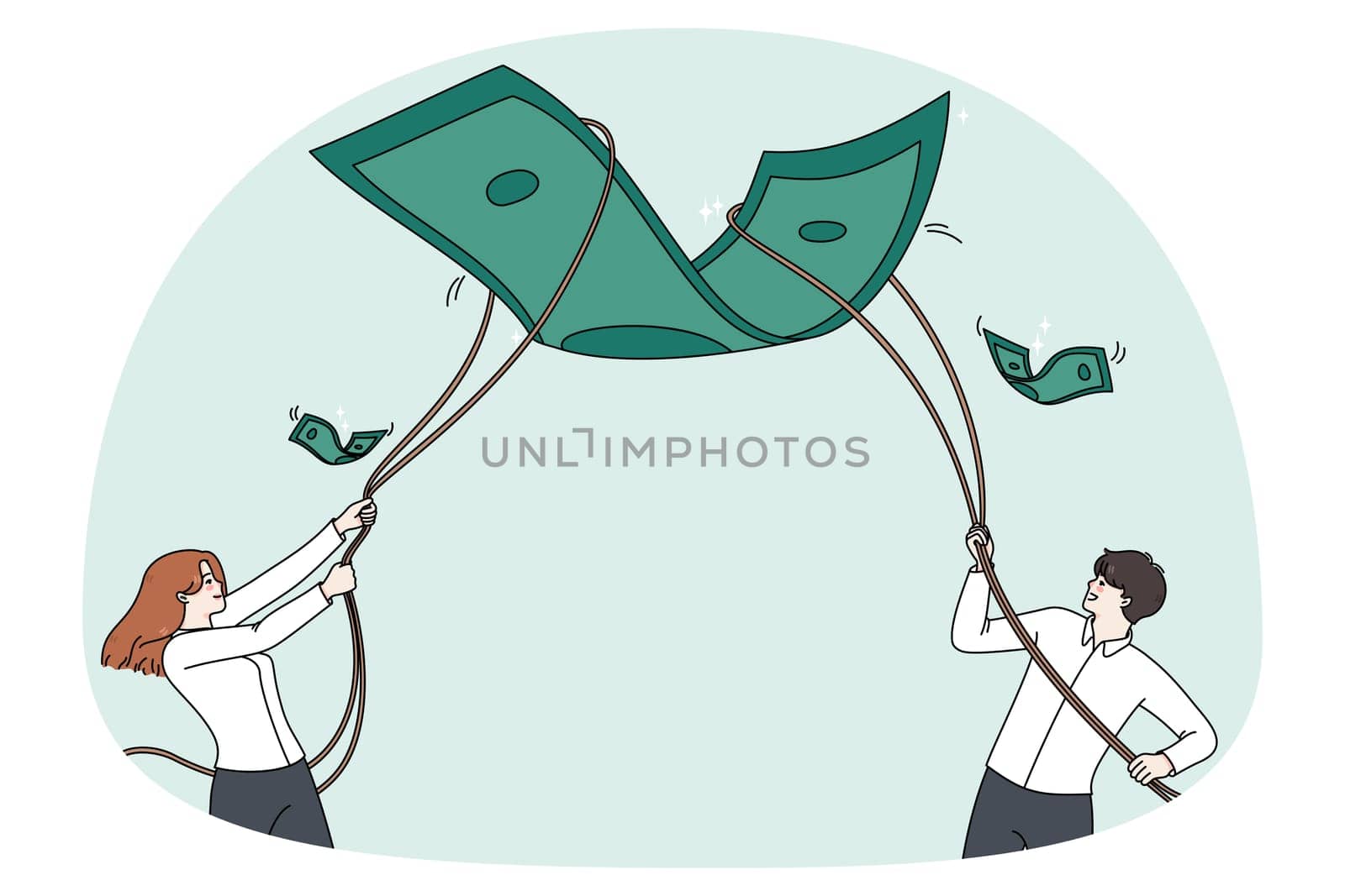 Diverse businesspeople catch dollar banknote with rope strive for business success together. Employees or workers involved in teamwork for money achievement. Finance success. Vector illustration.