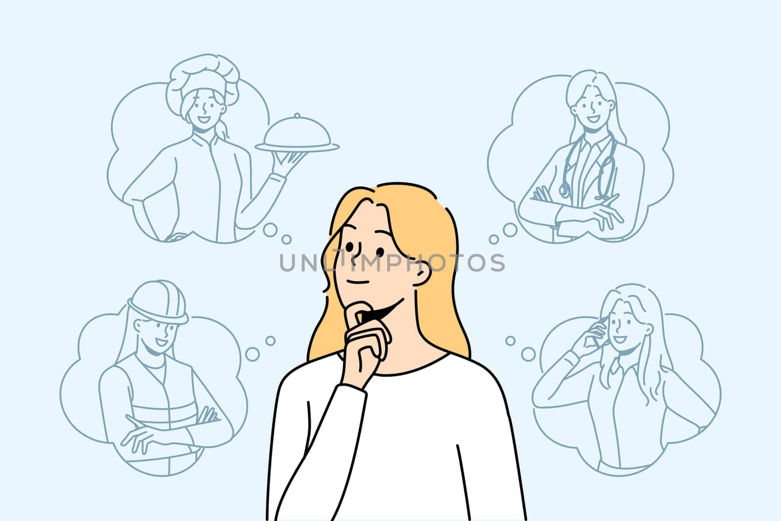 Smiling woman with occupations in speech bubbles think of career option. Happy girl decide choose profession. Vector illustration.