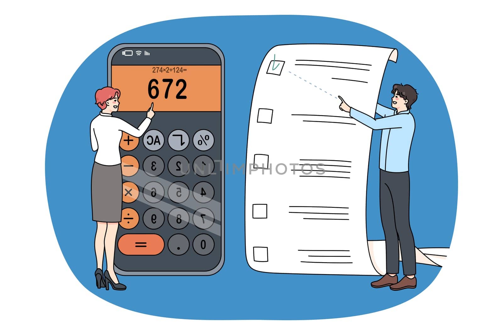 Family planning budget calculating expenses expenditures on machine. Couple with shopping list count finances on calculator. Money planner and financial saving. Vector illustration.