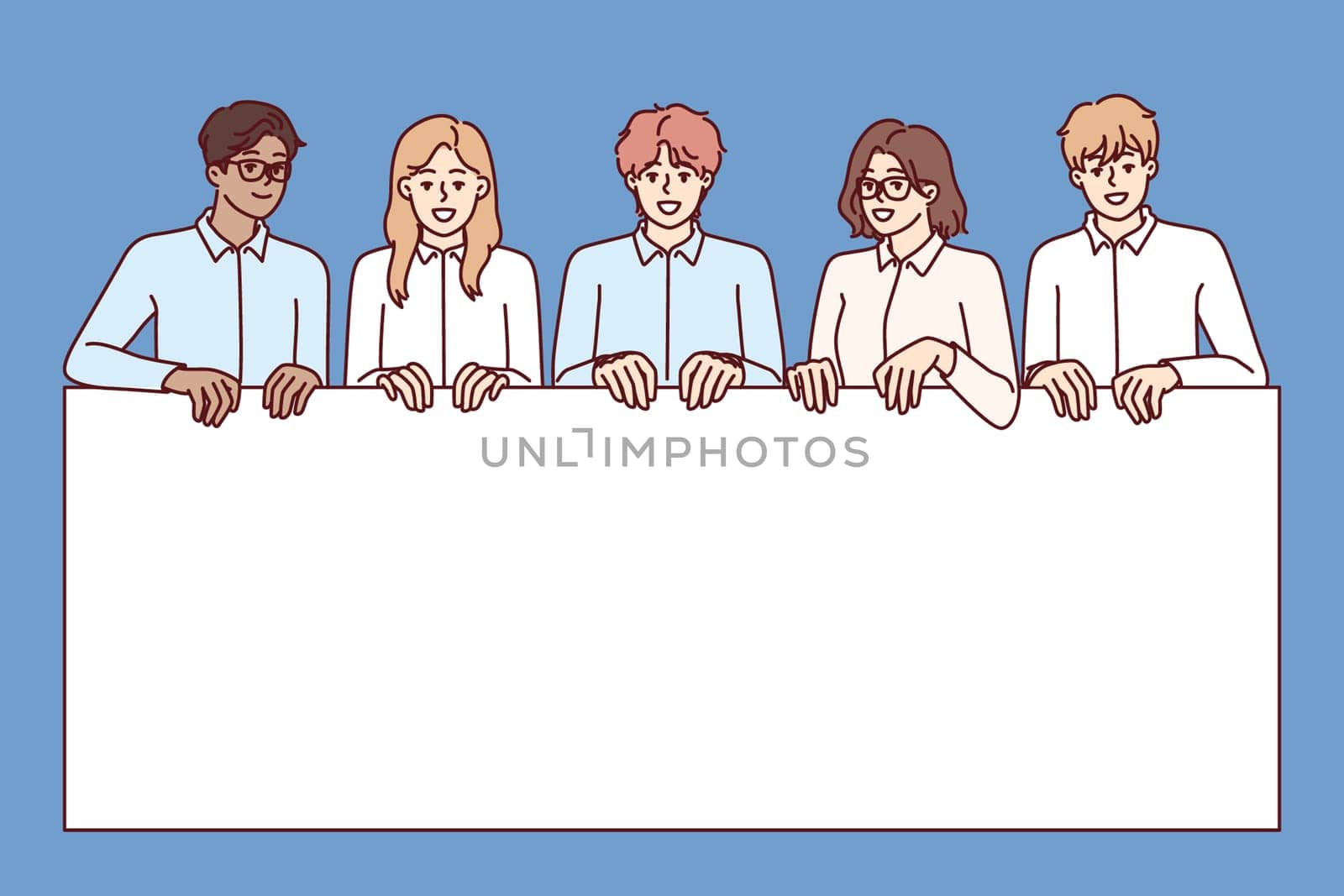 Business people together hold blank banner designed for corporate advertising or commercial offer. Diverse business people from company or startup demonstrating billboard with copy space