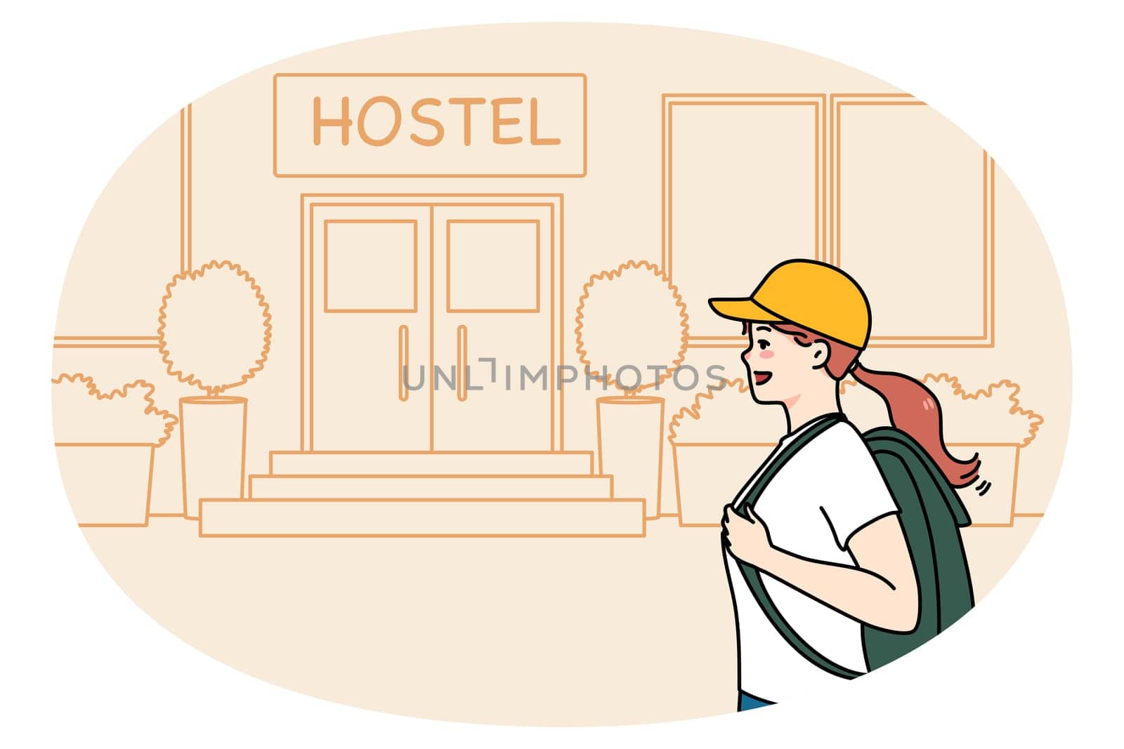 Happy woman tourist with backpack go to hostel for night accommodation. Smiling female traveler walk to hotel entrance. Travel and tourism concept. Flat vector illustration.