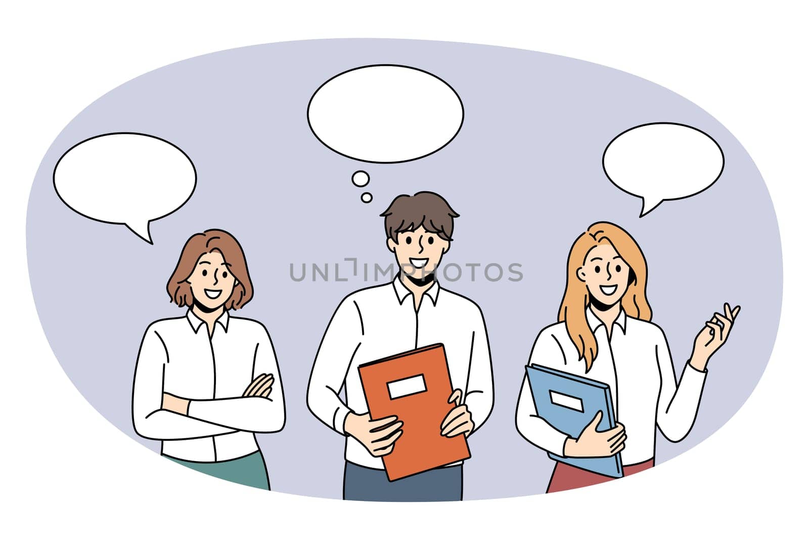 Business communication and chat concept. Group of young business people coworkers standing with documents with speech bubble above communicating vector illustration