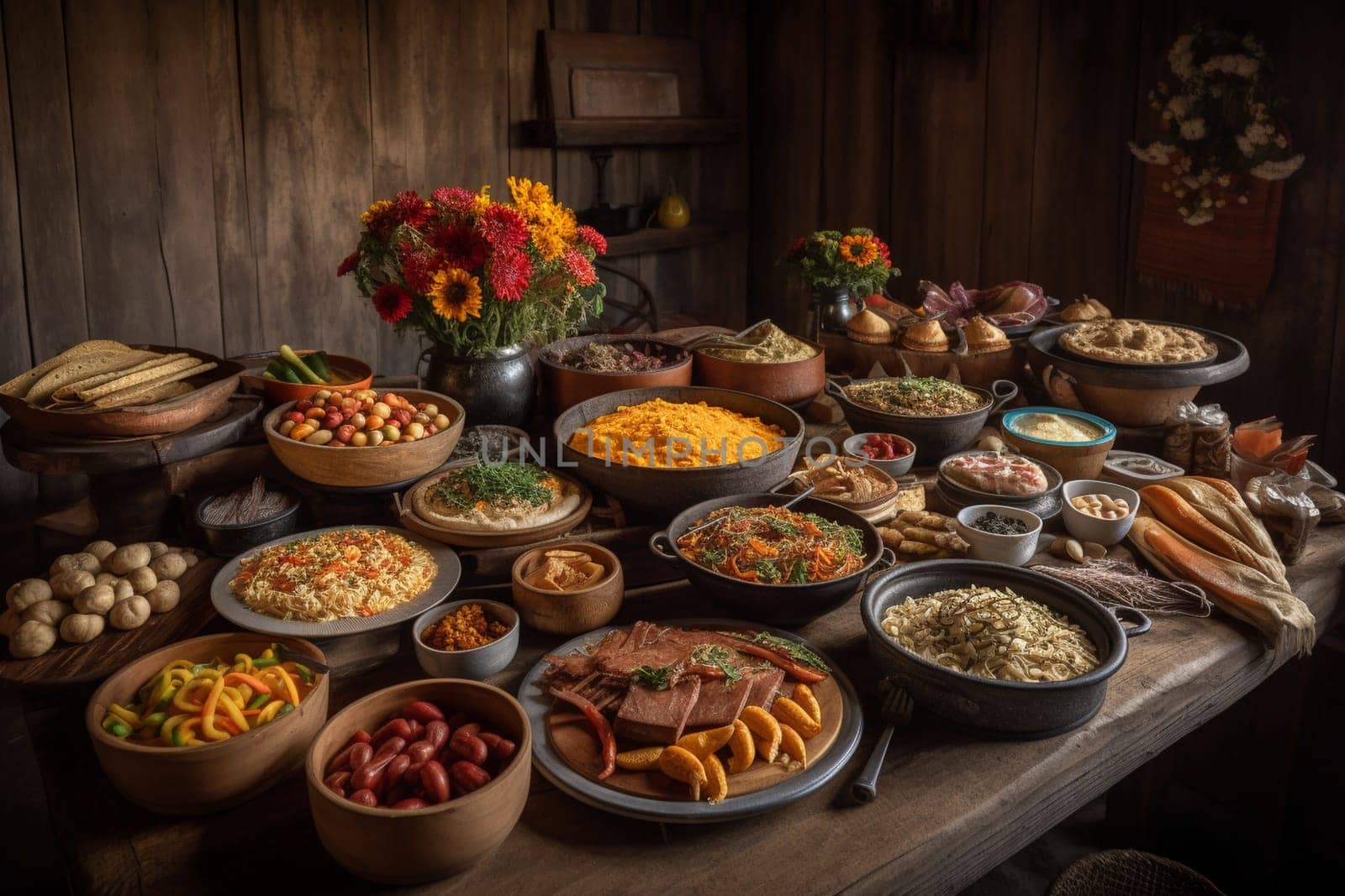 Savor smoky flavors of grilled meat at a western-style feast on the ranch (generative AI)