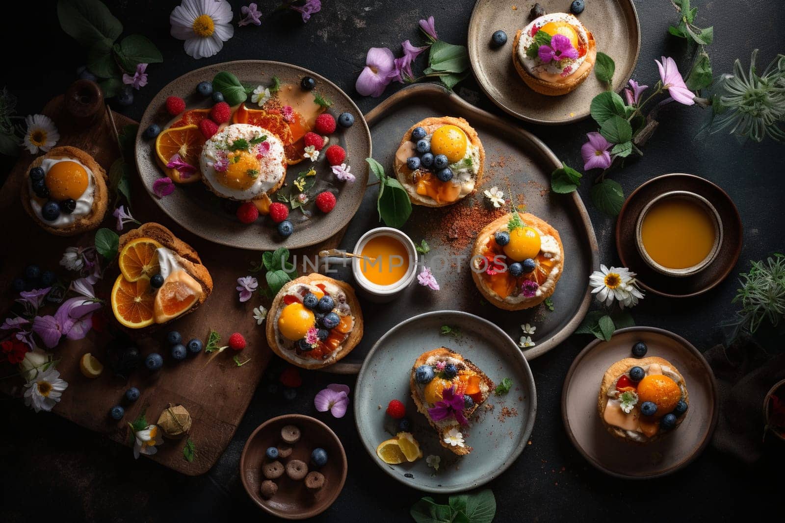 A brunch buffet in an urban rooftop garden (generative AI)