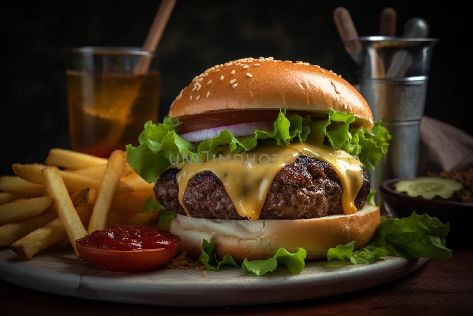 A classic American burger and fries at a diner (generative AI)