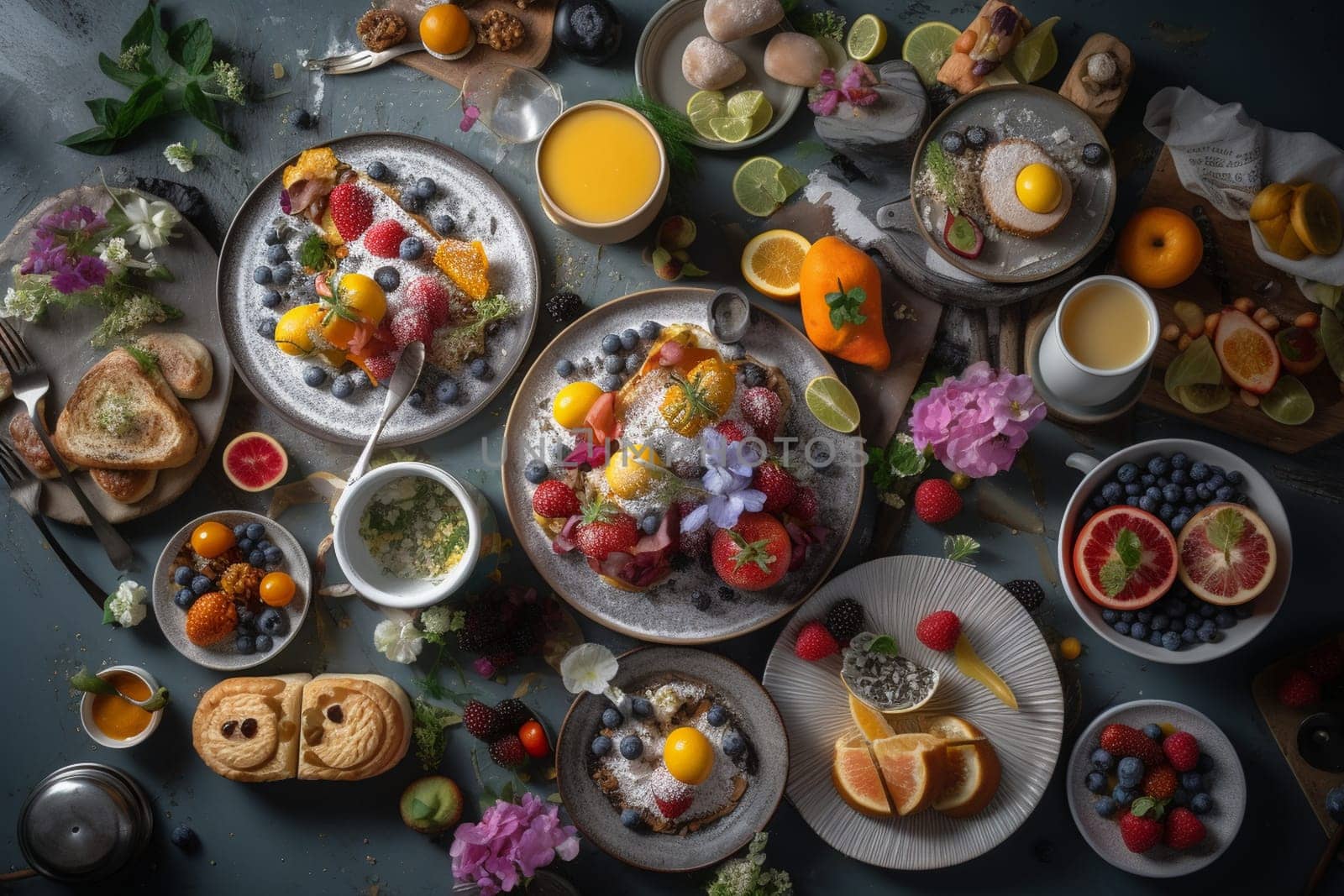A brunch buffet in an urban rooftop garden (generative AI)