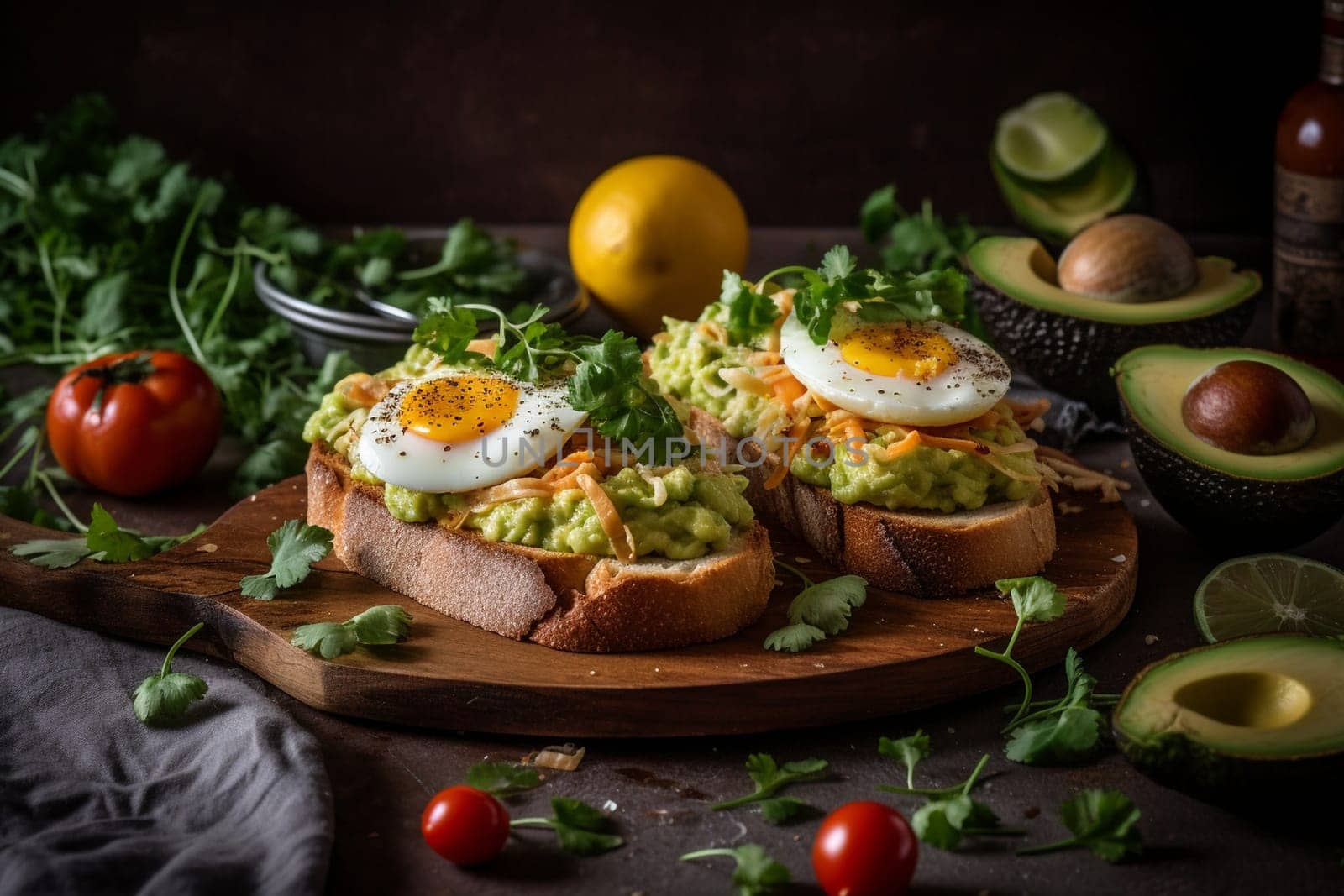A classic avocado toast with eggs and bacon bits (generative AI)