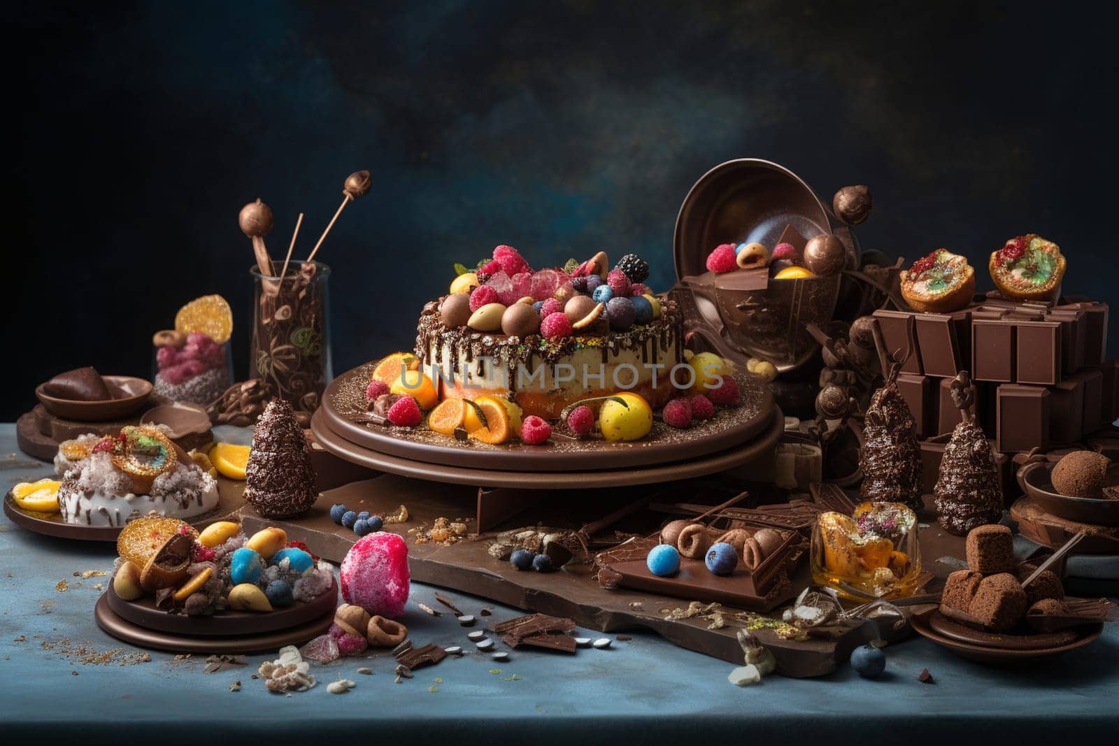 Calling all chocolate lovers! Indulge in our chocolate-centric buffet located within a fun and whimsical candy factory. (generative AI)