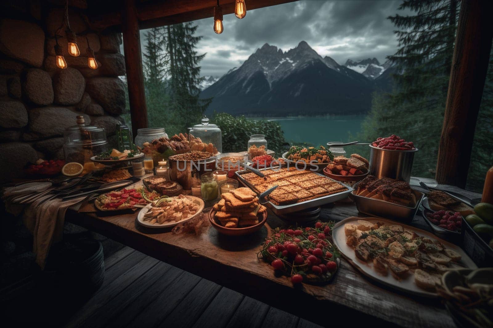 A BBQ buffet surrounded by breathtaking mountains (generative AI)