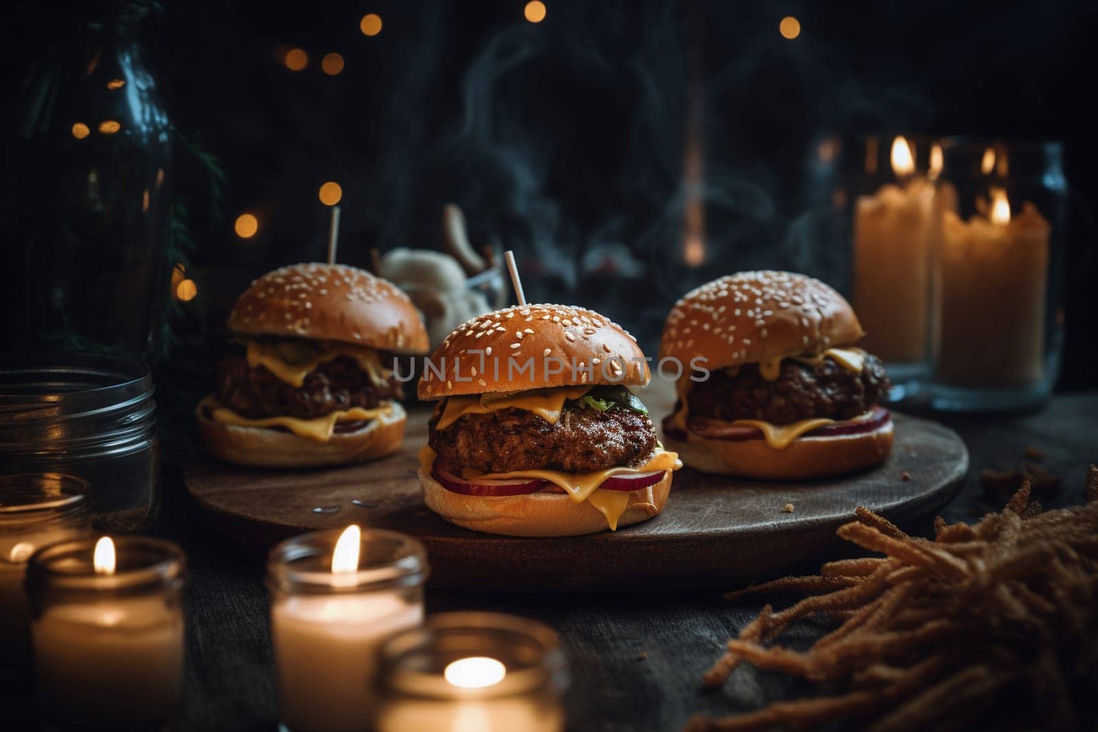 A burger buffet under a fairy light-filled tree (generative AI)