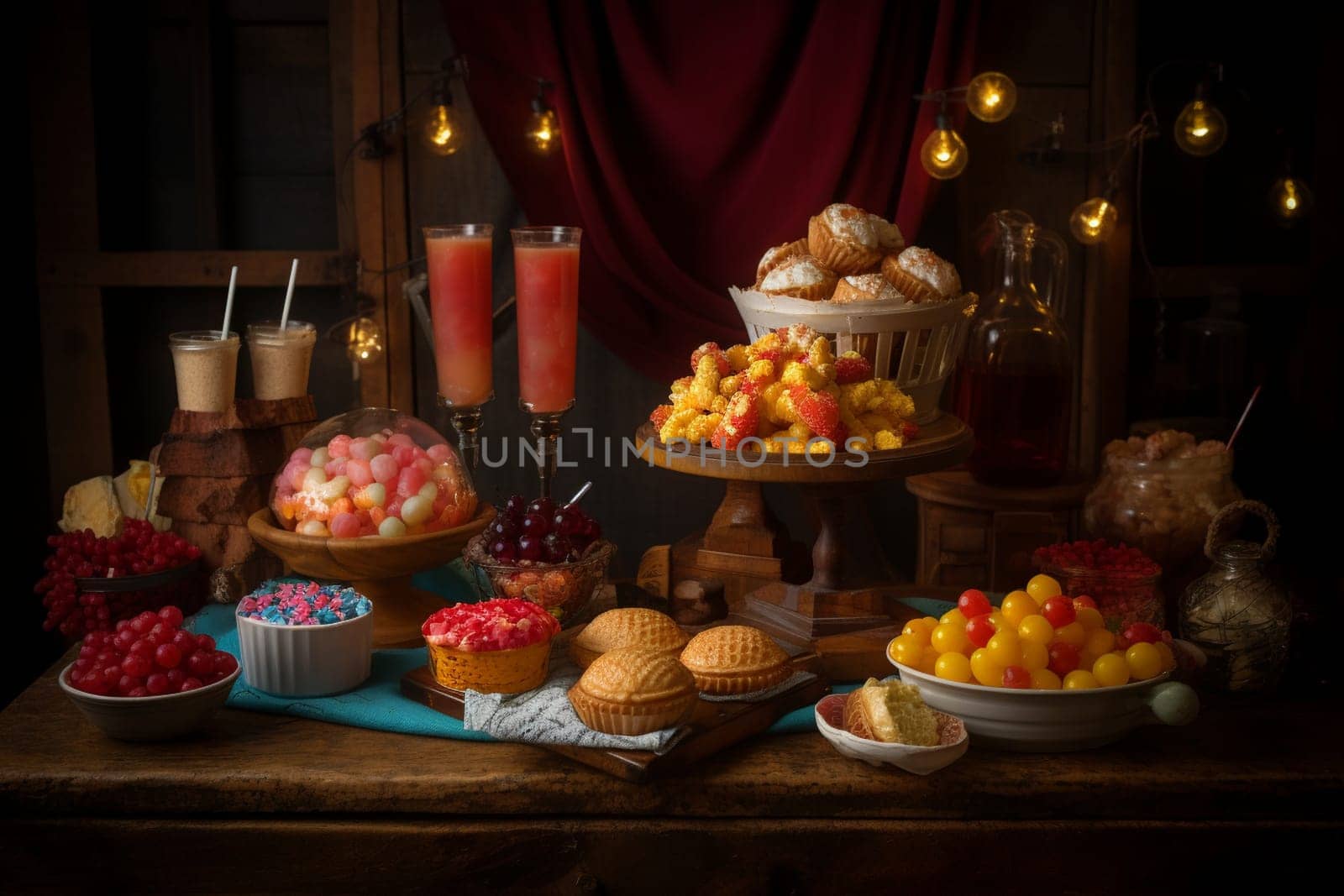 Step right up and fill your plates with the fun and whimsy of a carnival-themed buffet in a playful and colorful park setting (generative AI)