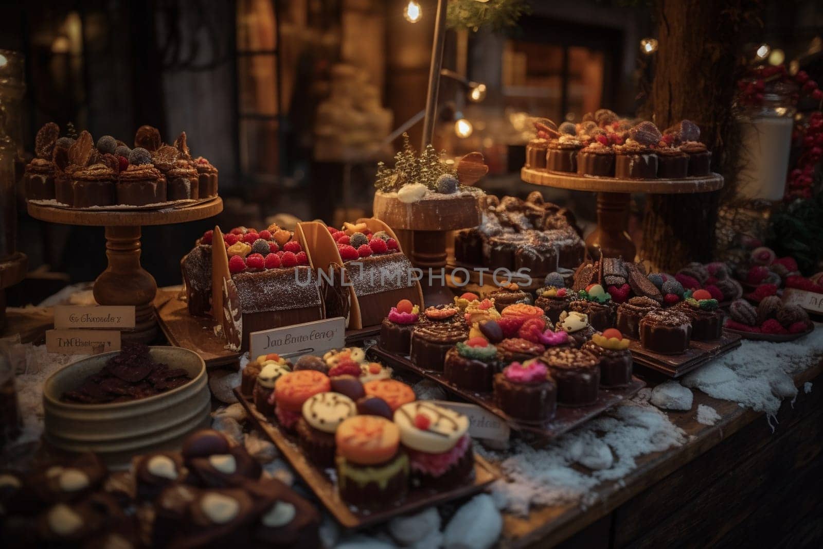 Indulge in sweet treats and hot cocoa galore as you bask in the festive ambience of a charming Christmas Market (generative AI)