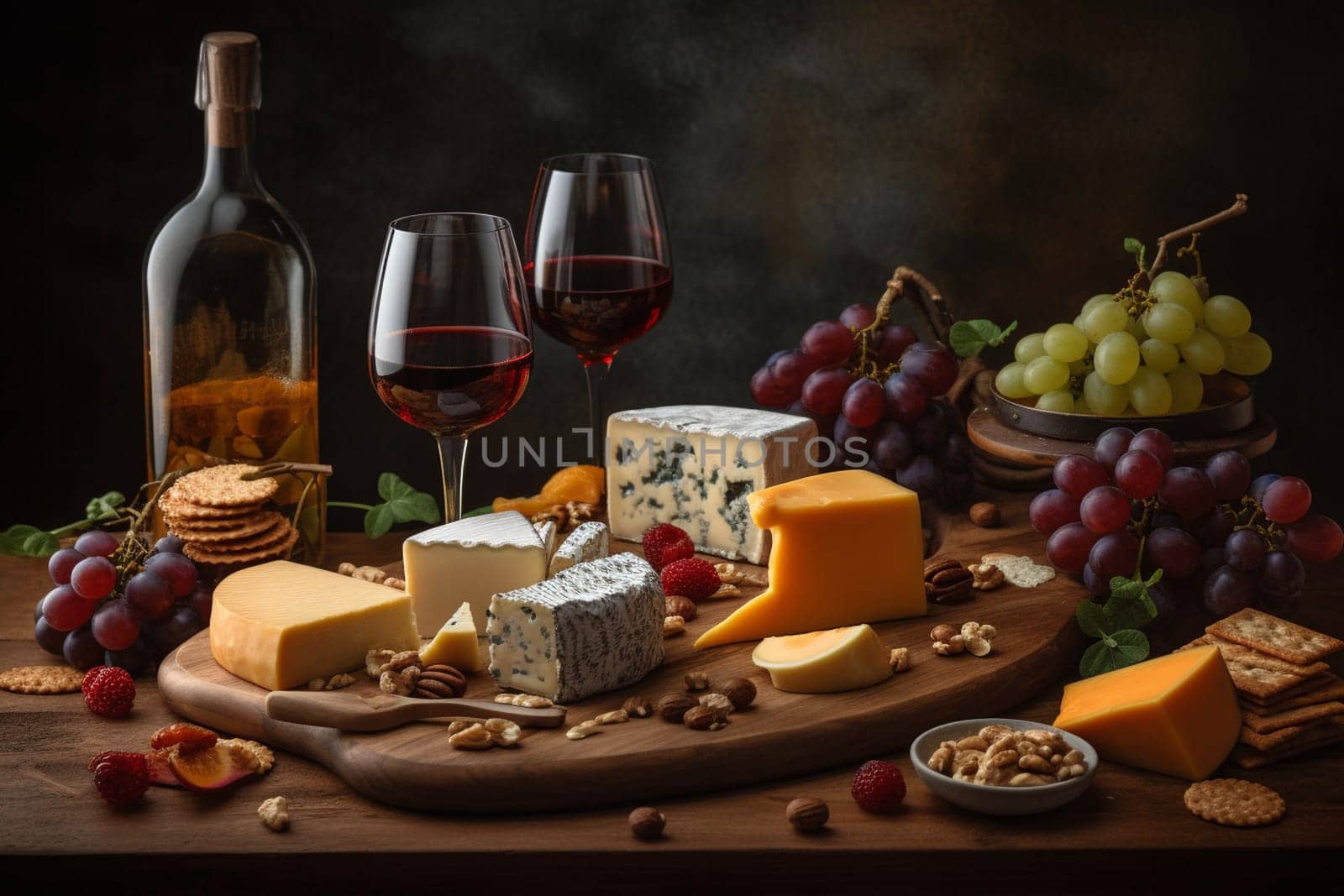 A cheese and wine buffet with a variety of pairings (generative AI)