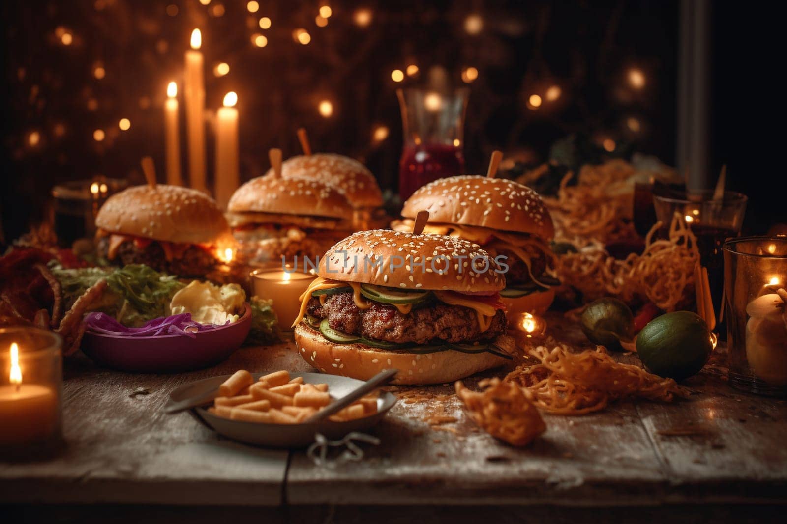 A burger buffet under a fairy light-filled tree (generative AI)