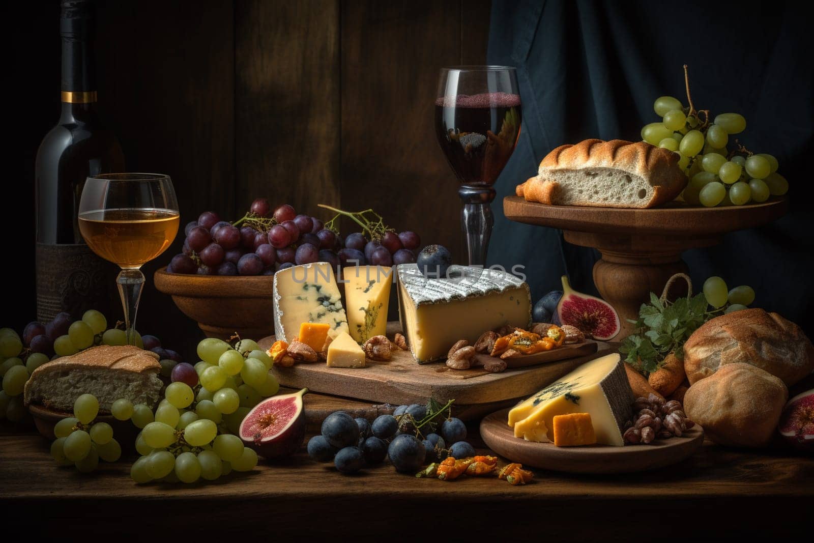 A cheese and wine buffet with a variety of pairings (generative AI)