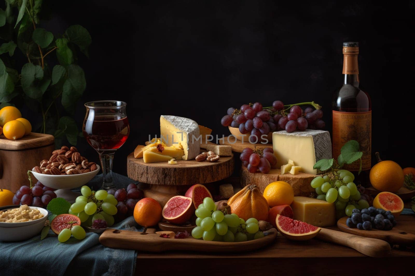 A cheese and wine buffet with a variety of pairings (generative AI)