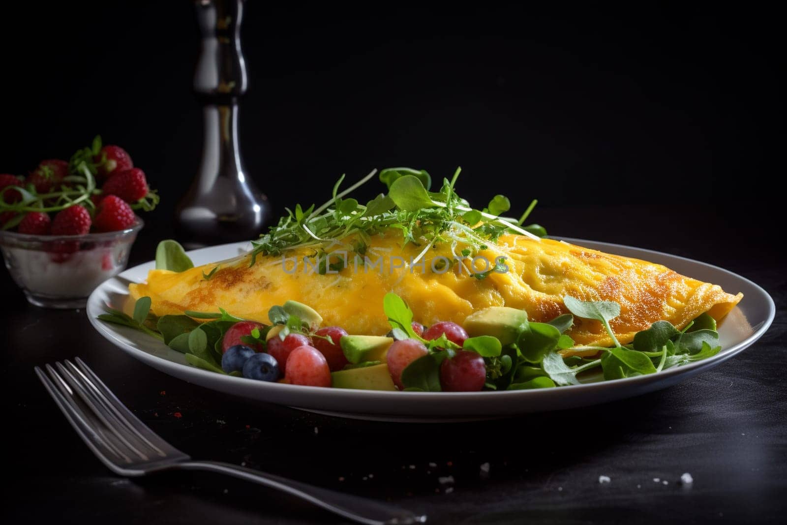 A classic breakfast favorite - a fluffy omelette filled with crispy bacon and melted cheese (generative AI)