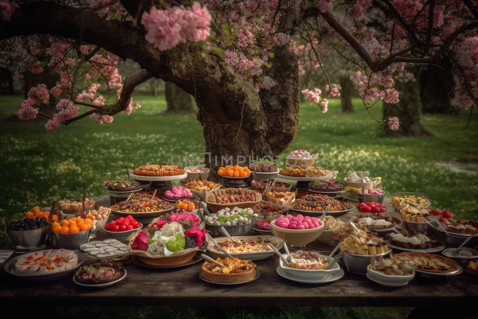 A BBQ buffet under a blooming garden tree (generative AI)