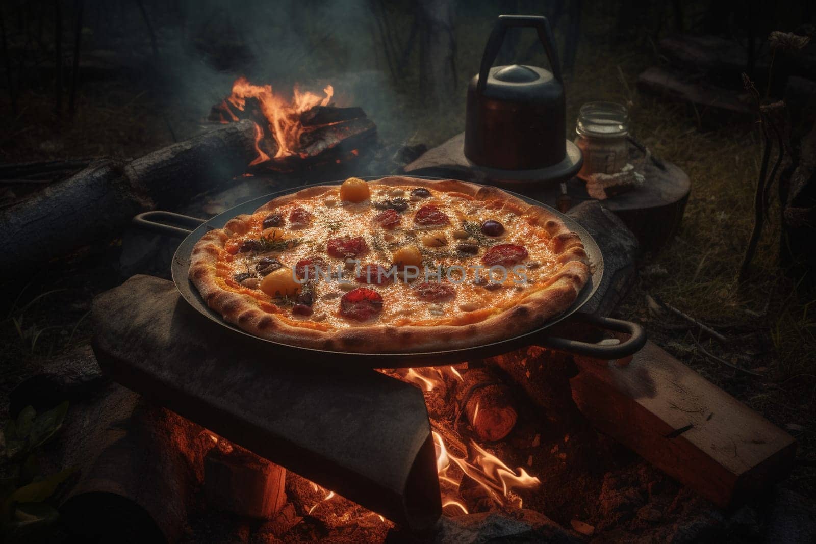 A classic Margherita pizza, with a twist of fiery jalapeños, baked fresh by a campfire under the stars. (generative AI)