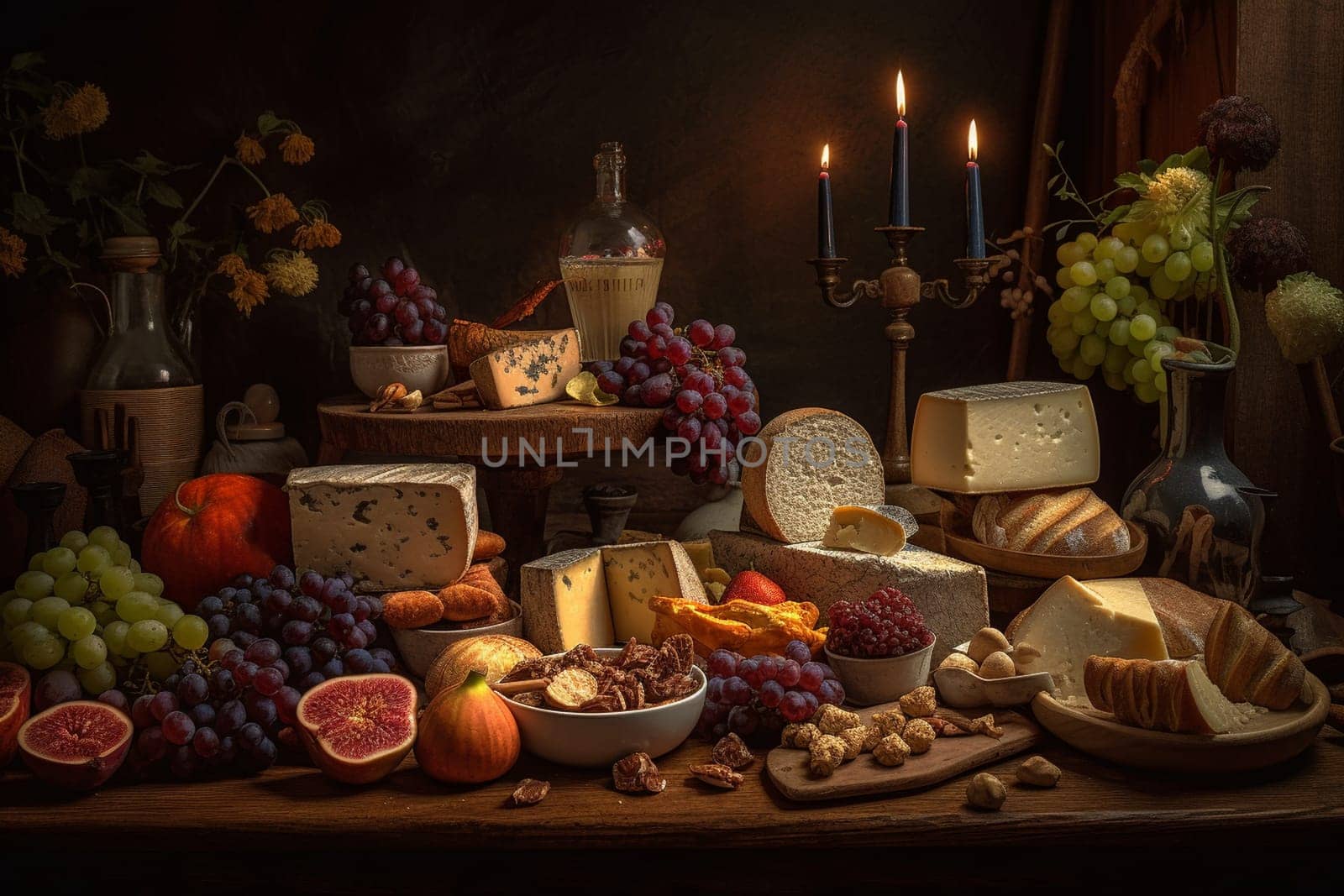 Treat yourself to a wine & cheese feast in a rustic underground cellar (generative AI)
