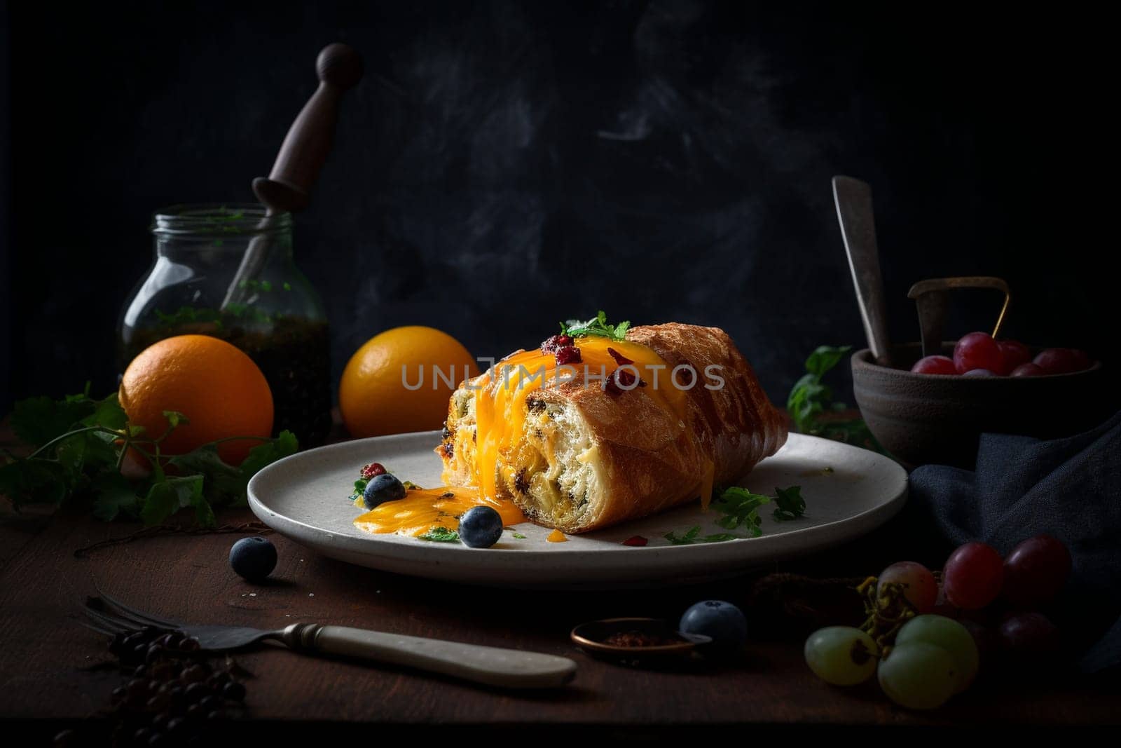 A classic breakfast favorite - a fluffy omelette filled with crispy bacon and melted cheese (generative AI)