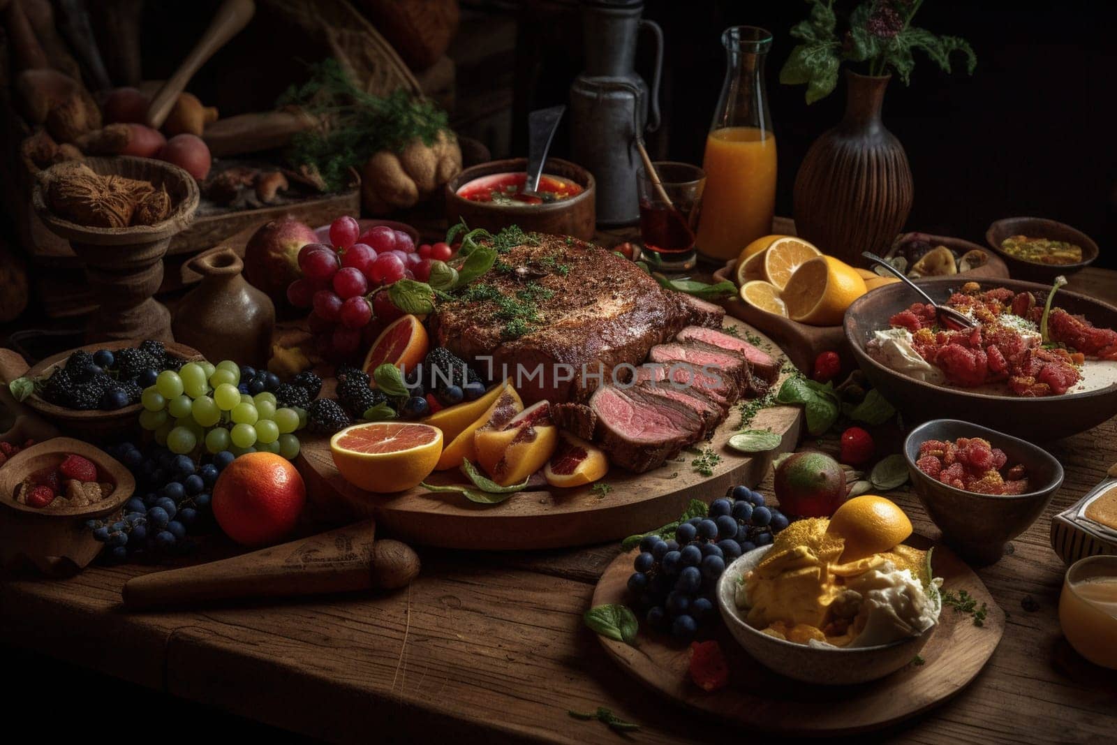 A carnivore's dream come true: a meat lover's buffet in a ranch (generative AI)