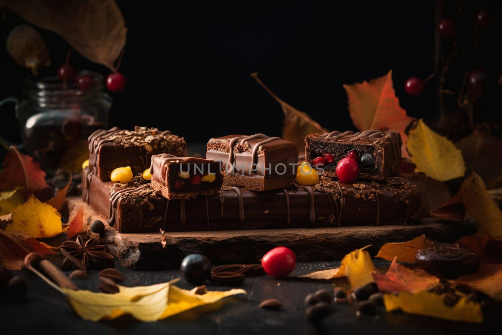 A chocolate buffet under an arch of autumn leaves (generative AI)