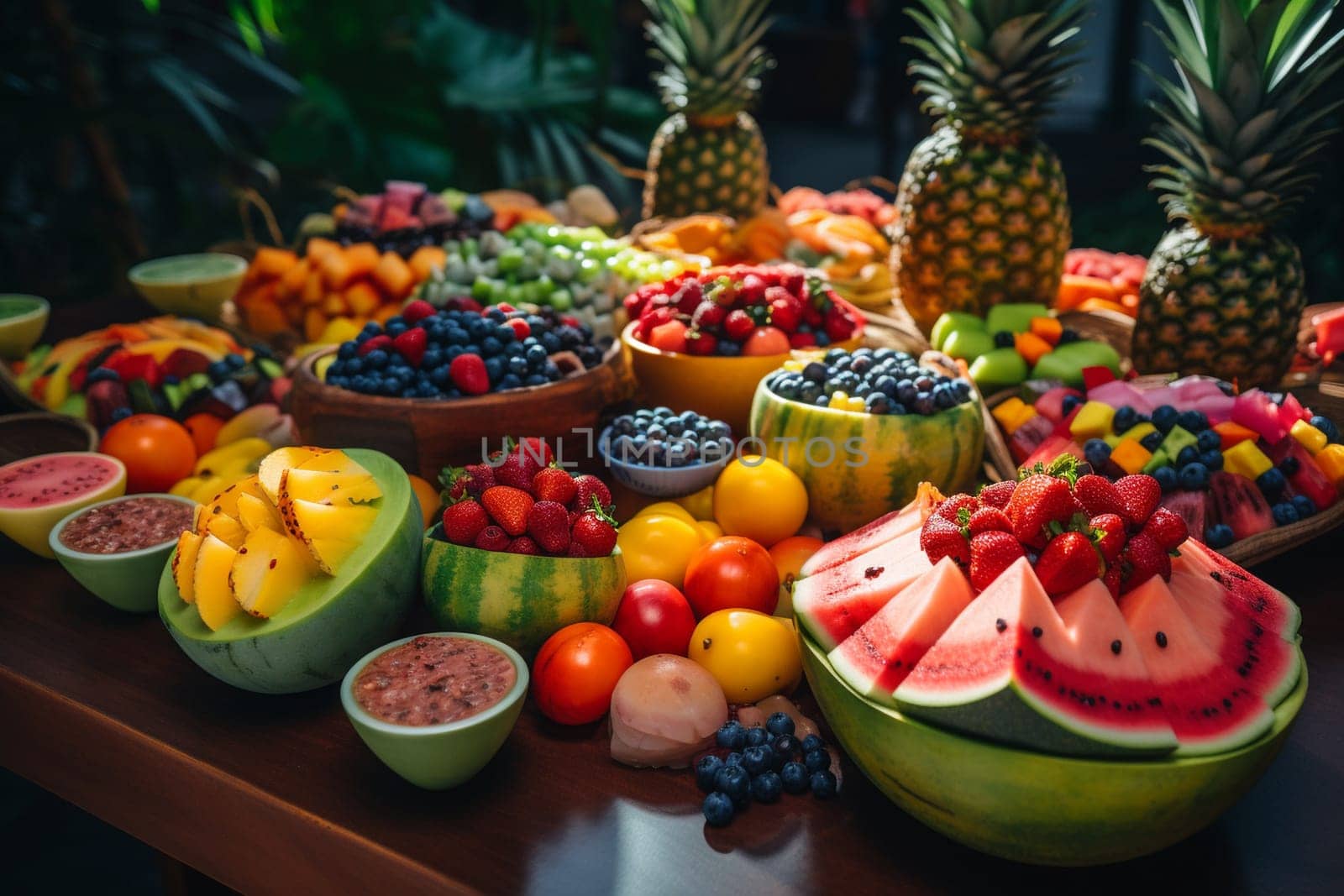 A colorful fruit buffet beside a pool (generative AI)