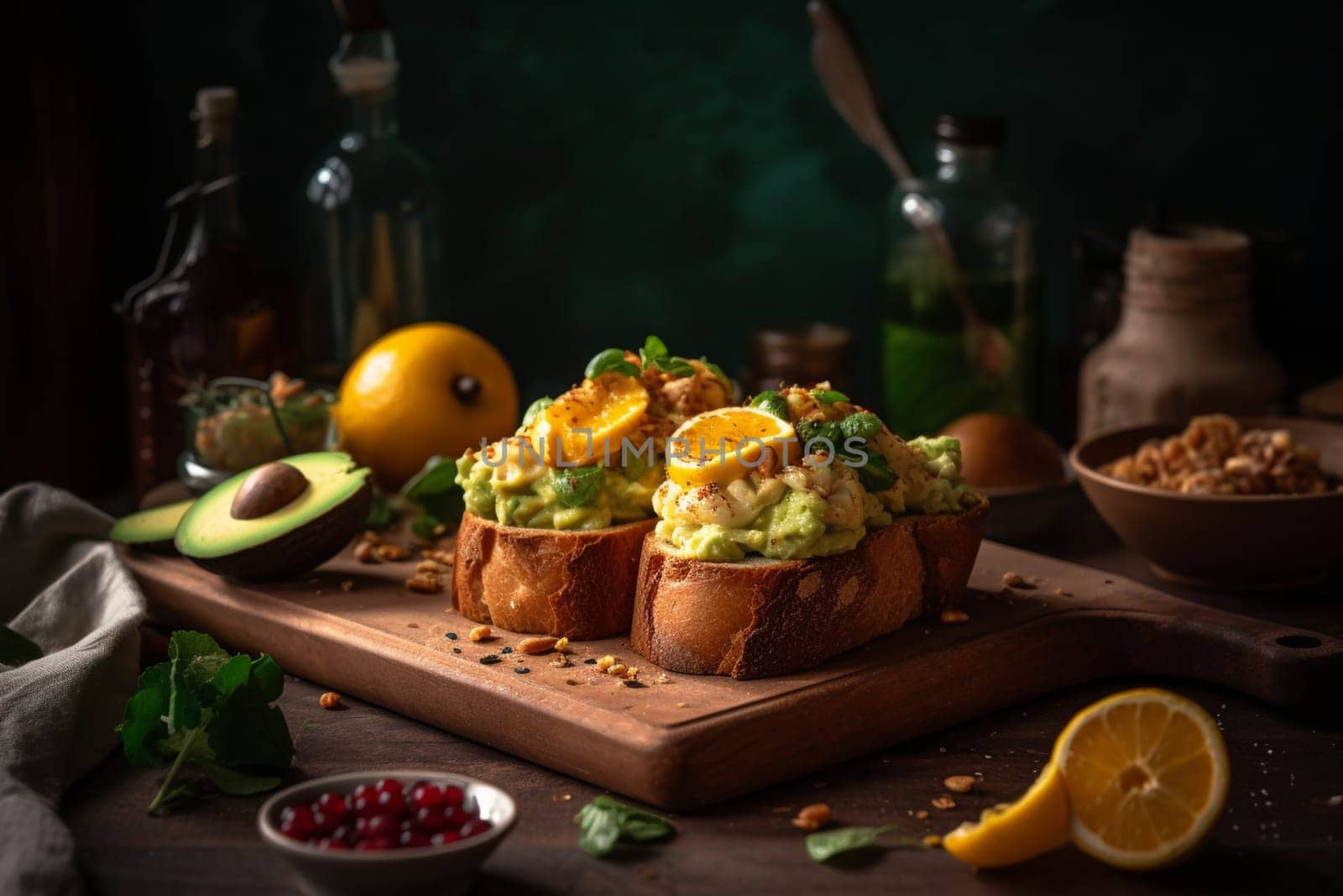 A classic avocado toast with eggs and bacon bits (generative AI)