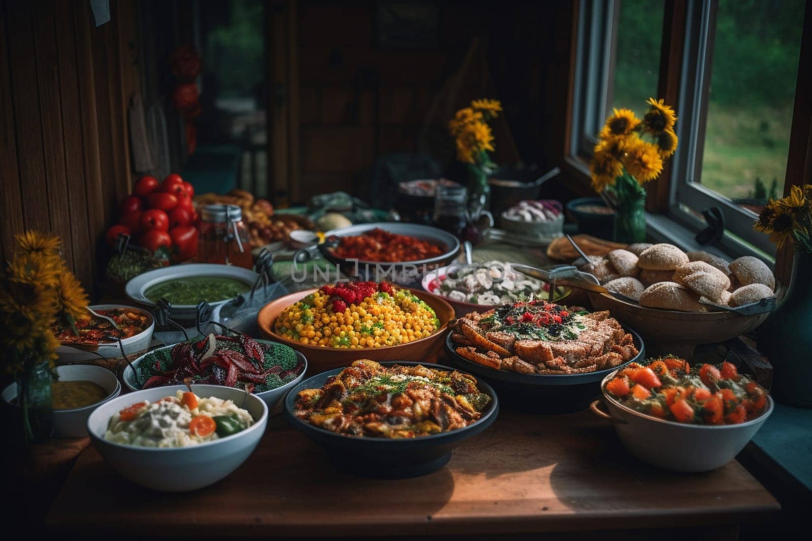 A colorful BBQ buffet at a backyard party (generative AI)