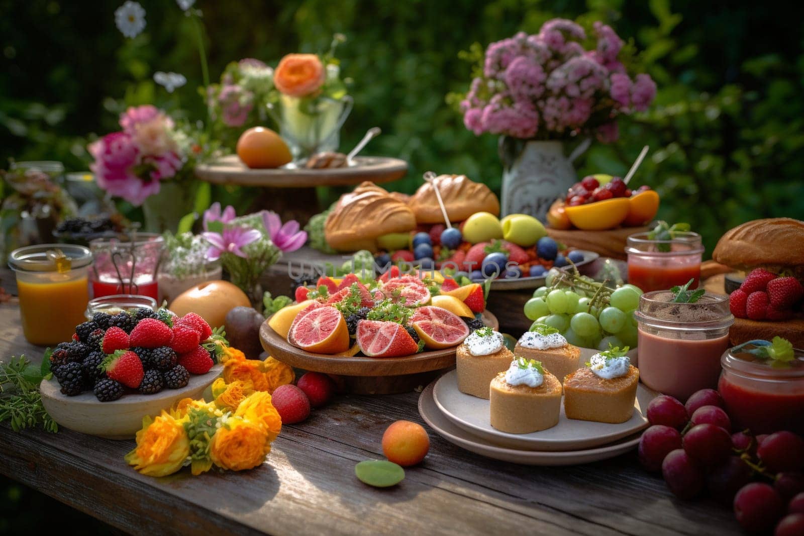 A colorful brunch buffet in a garden (generative AI)