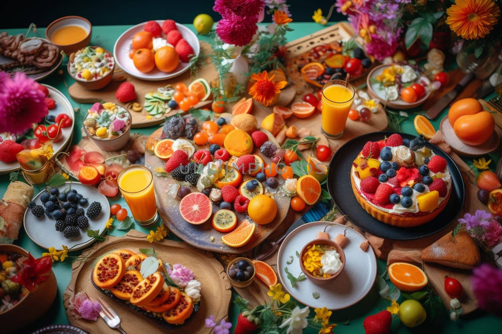 A colorful brunch buffet in a garden (generative AI)
