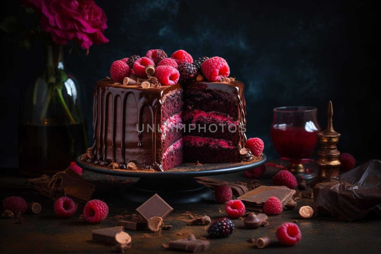 A rich and indulgent chocolate cake filled with tangy raspberry goodness (generative AI)
