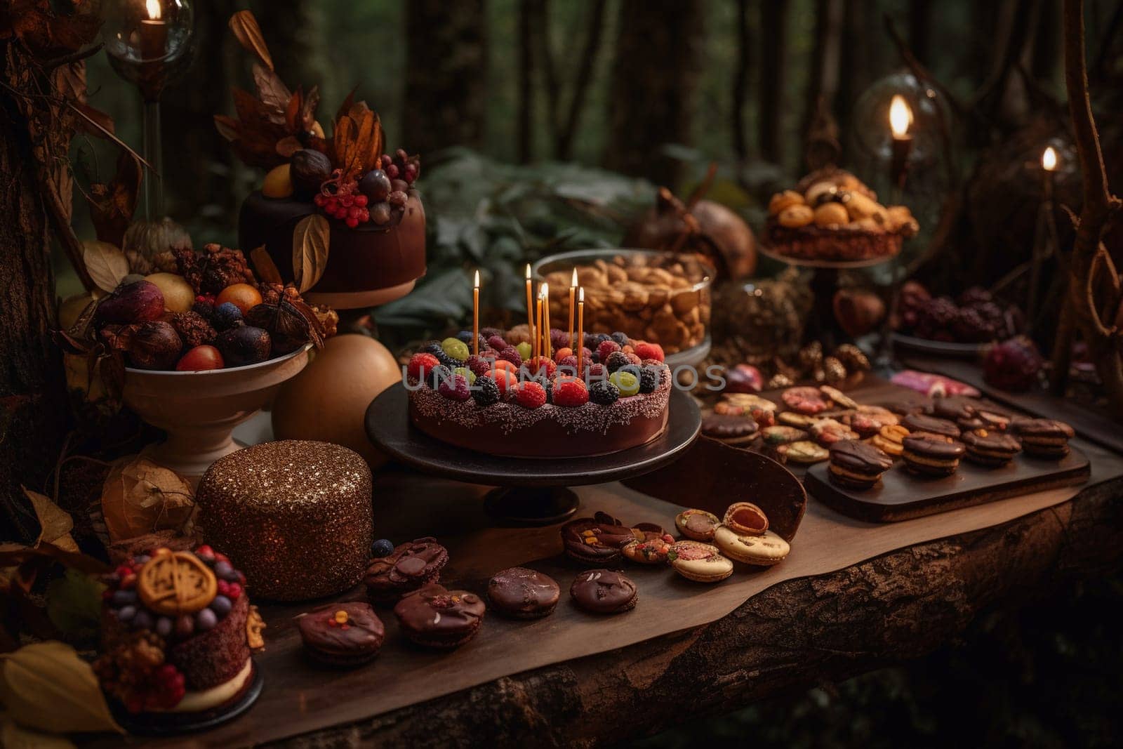 A chocolate and candy buffet bar at a magical forest party (generative AI)