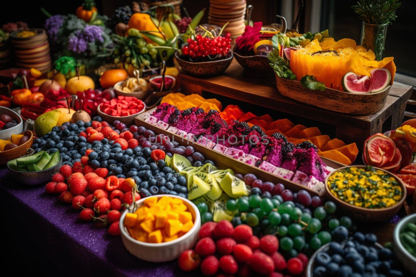 Step into a colorful world with a rainbow-themed buffet surrounded by a lush green lawn and dancing butterflies (generative AI)