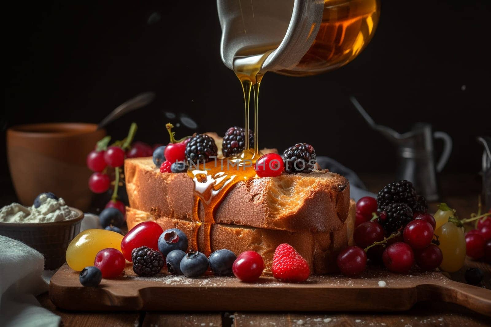 A warm and sugary French toast bake with cinnamon and maple syrup flavors (generative AI)