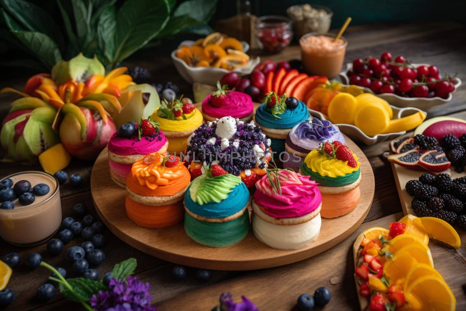 Step into a colorful world with a rainbow-themed buffet surrounded by a lush green lawn and dancing butterflies (generative AI)