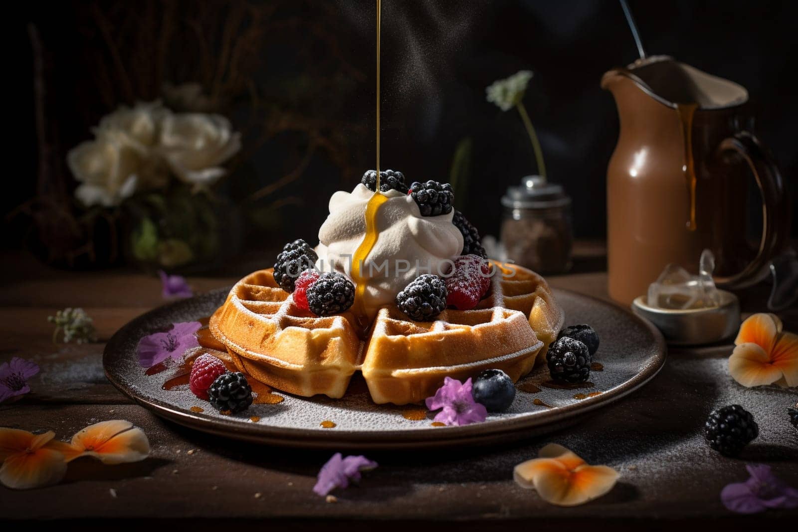 A crispy waffle with whipped cream and syrup (generative AI)