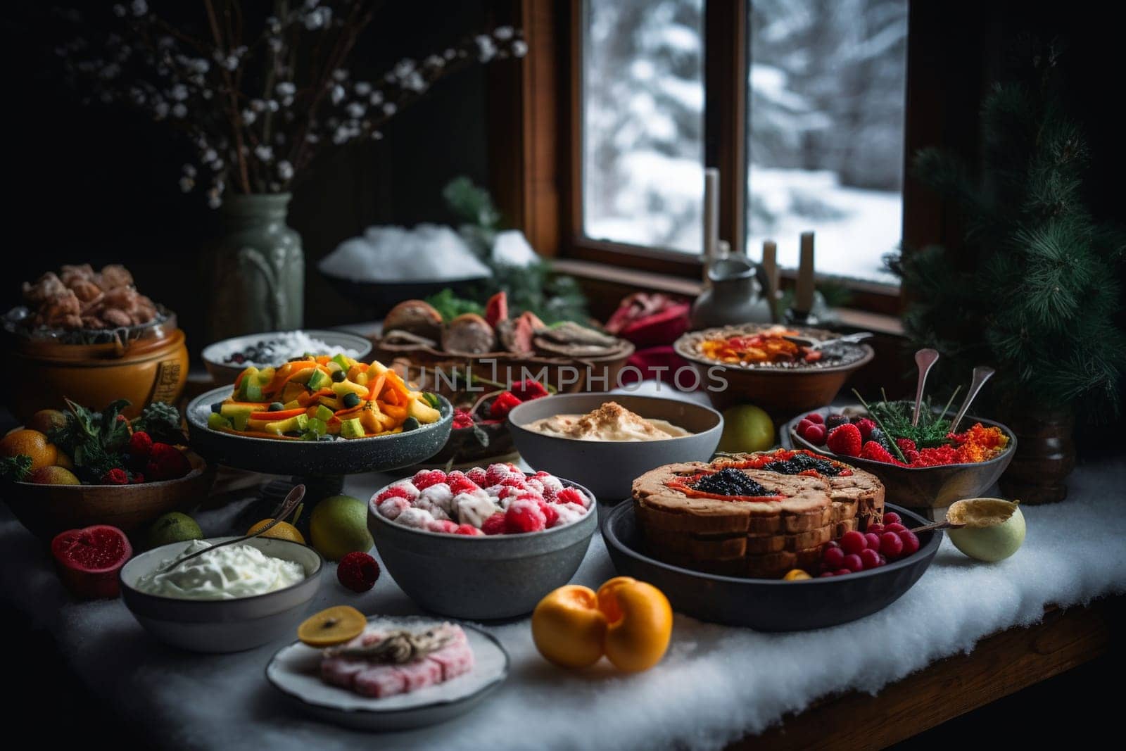 A festive holiday buffet in the snow (generative AI)