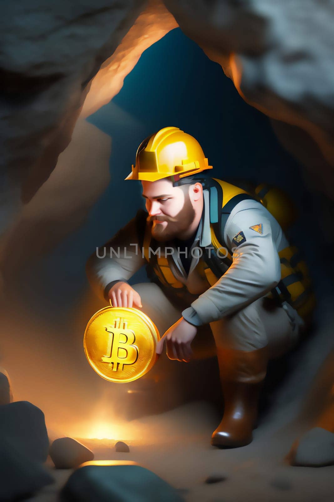 Bitcoin miner extracting bitcoin coins inside a mine (concept)(AI Generative).-