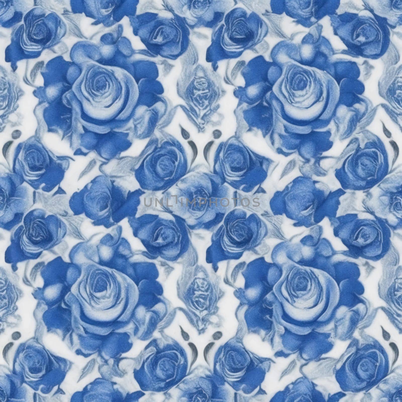 Symmetrical blue and white roses pattern style.-
